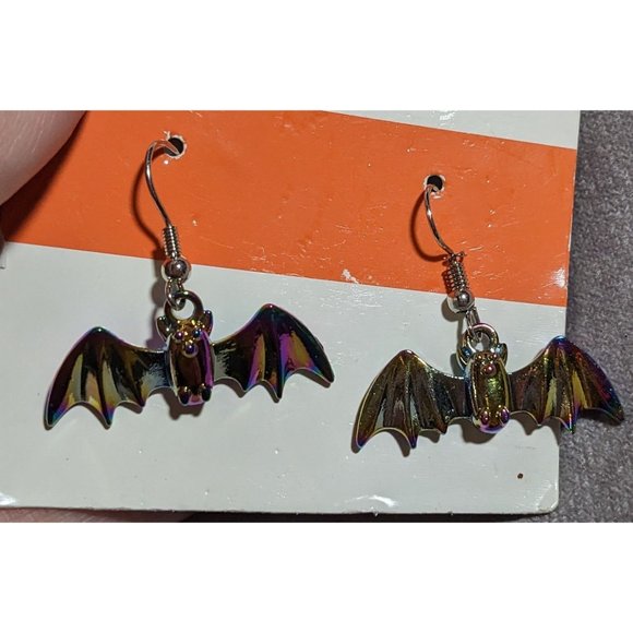 Rainbow Oil Slick Bat Earrings - Picture 2 of 3